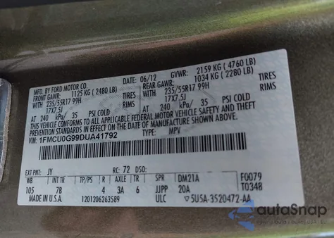 2013 Ford Escape Se from USA, damaged, VIN 1FMCU0G99DUA41792